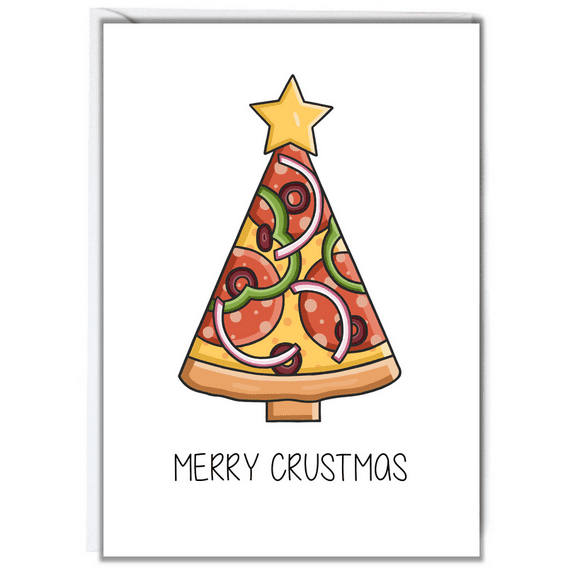 Merry Crustmas Pizza Christmas Card – Fun Holiday Greeting Card for Pizza Lovers – Perfect for Friends and Family Celebrations – Envelope Included, Blank Inside
