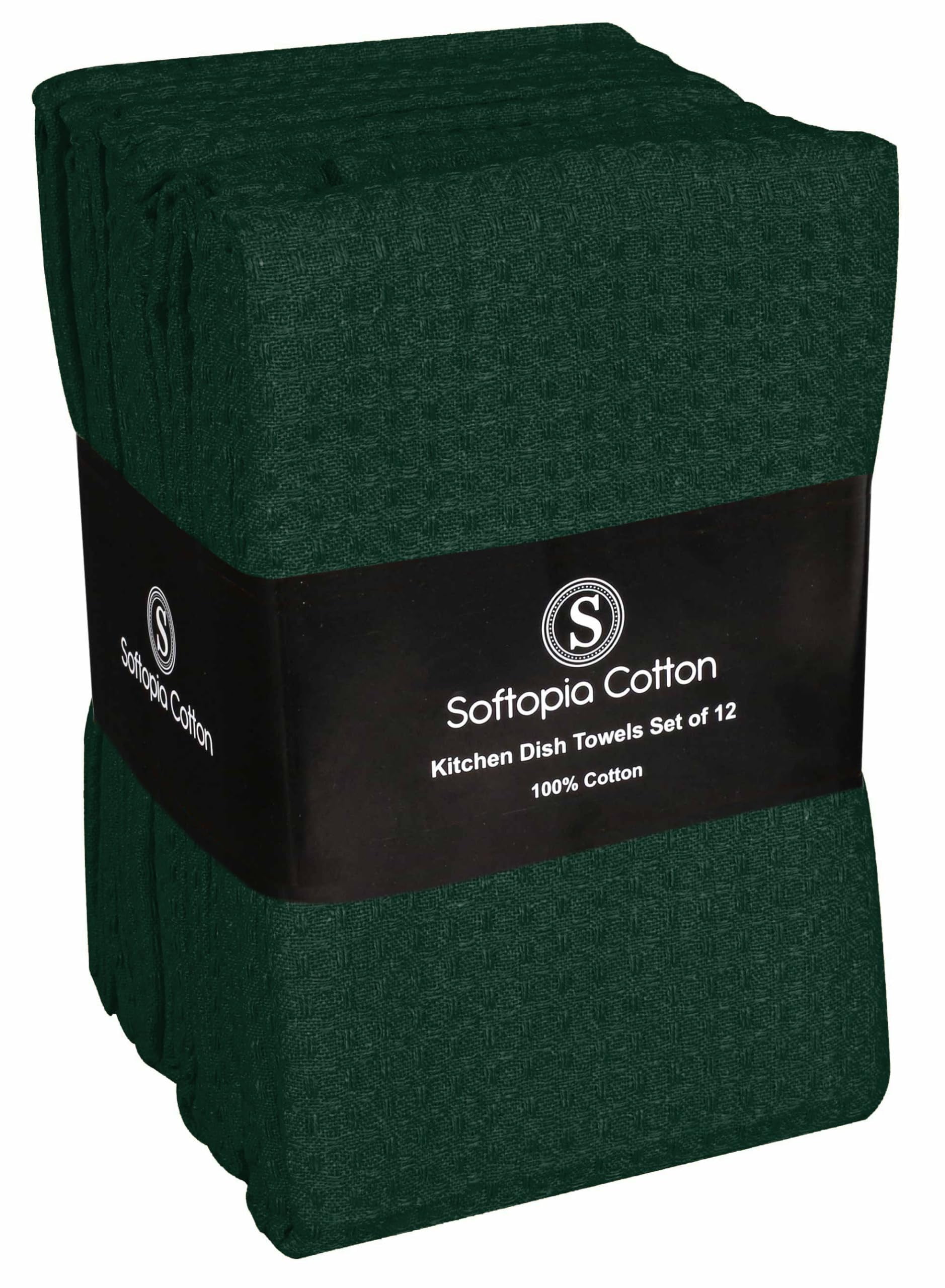 Softopia Cotton Forest Green Kitchen Dish Towels Set of 12-100% Cotton Waffle Weave, Super Absorbent, Soft, Quick Drying, 16x26 Inches, Ideal for Cleaning, Bar, Tea, and Everyday Use, Olive Green