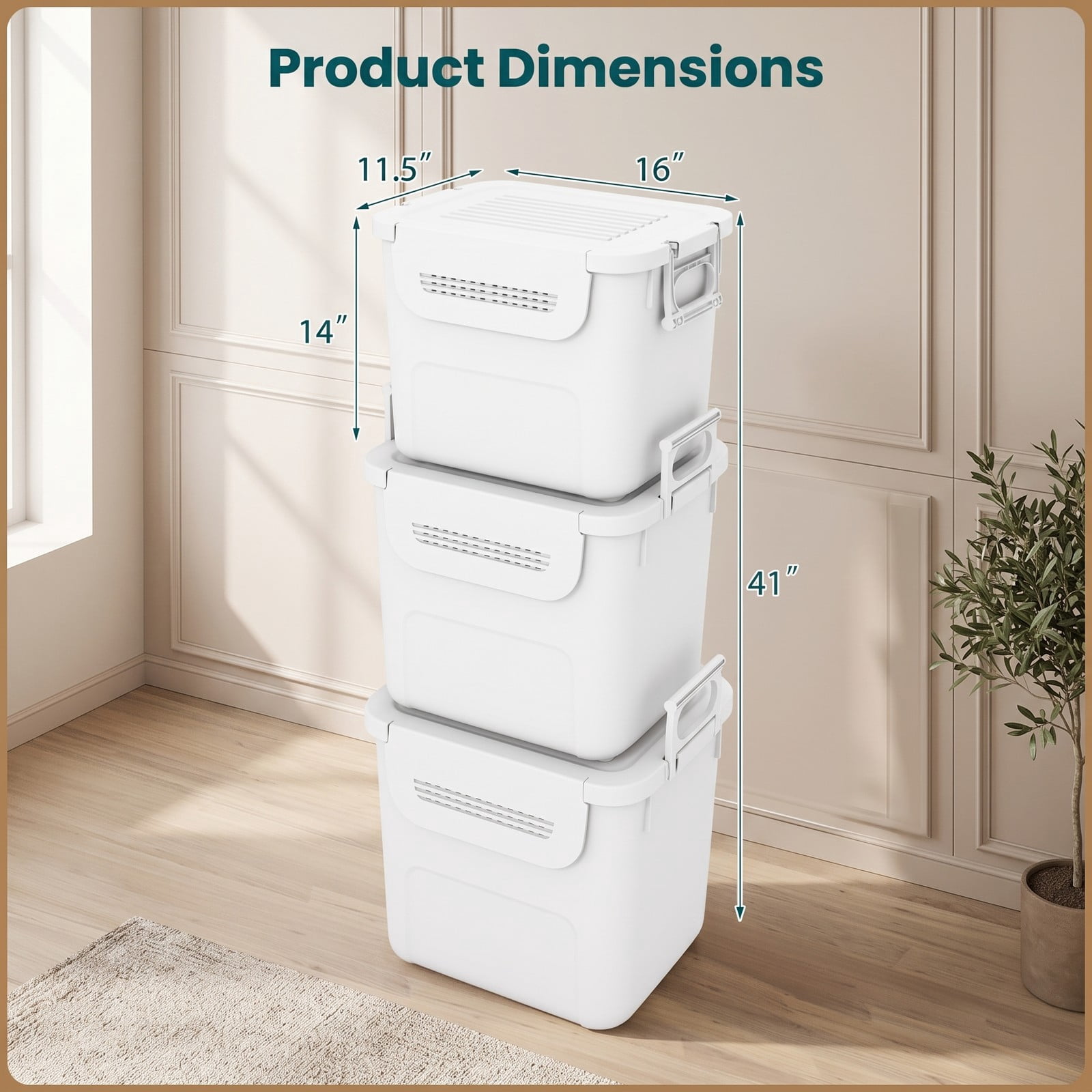 Furnibear Set of 3 Stackable Plastic Storage Bins with Front Flap Door and Side Handles for Kitchen and Closet Organization, White