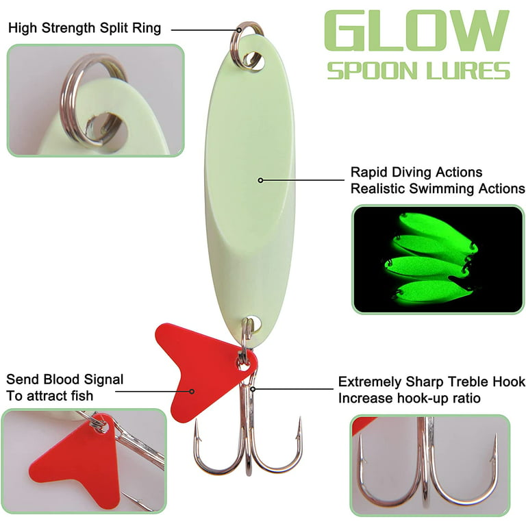 Fishing Spoon Lures Glow Spoons Jigging Bait with Sharp Treble Hooks  Luminous Metal Lures Casting Spoons Spinner Bait for Trout Bass Salmon  Freshwater Saltwater Fishing Tackle 
