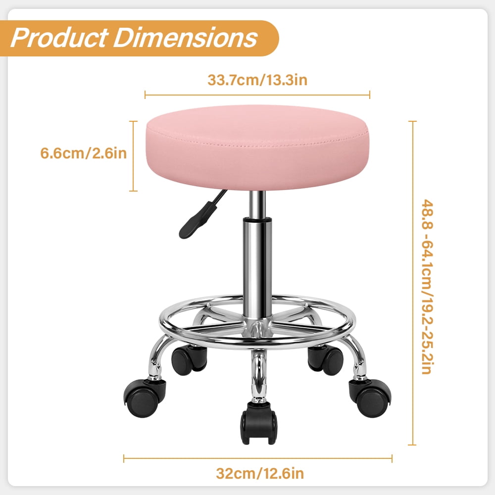 KKTONER Pink PU Leather Round Roller Stool with Footrest, Rotatable, Height Adjustable, Spa, Hair Salon, Tattoo Studio, Office Massage Stool, Work Chair