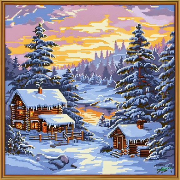Winter Evening Landscape DIY 11CT Stamped Cross Stitch Kits for Beginners Easy Needlepoint Embroidery Counted Cross Stitch Art Craft for Wall Decoration 14x14inch(3)
