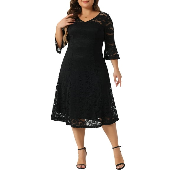 DARING DIVA Plus Size Lace V-Neck 3/4 Sleeve Midi Evening Dress 1X Black