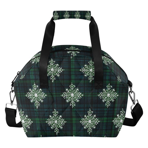 Christmas Snowflakes Dark Green Tartan Plaid Insulated Lunch Bag Reusable Quilted Lunch Box Waterproof Leakproof Lunch Container