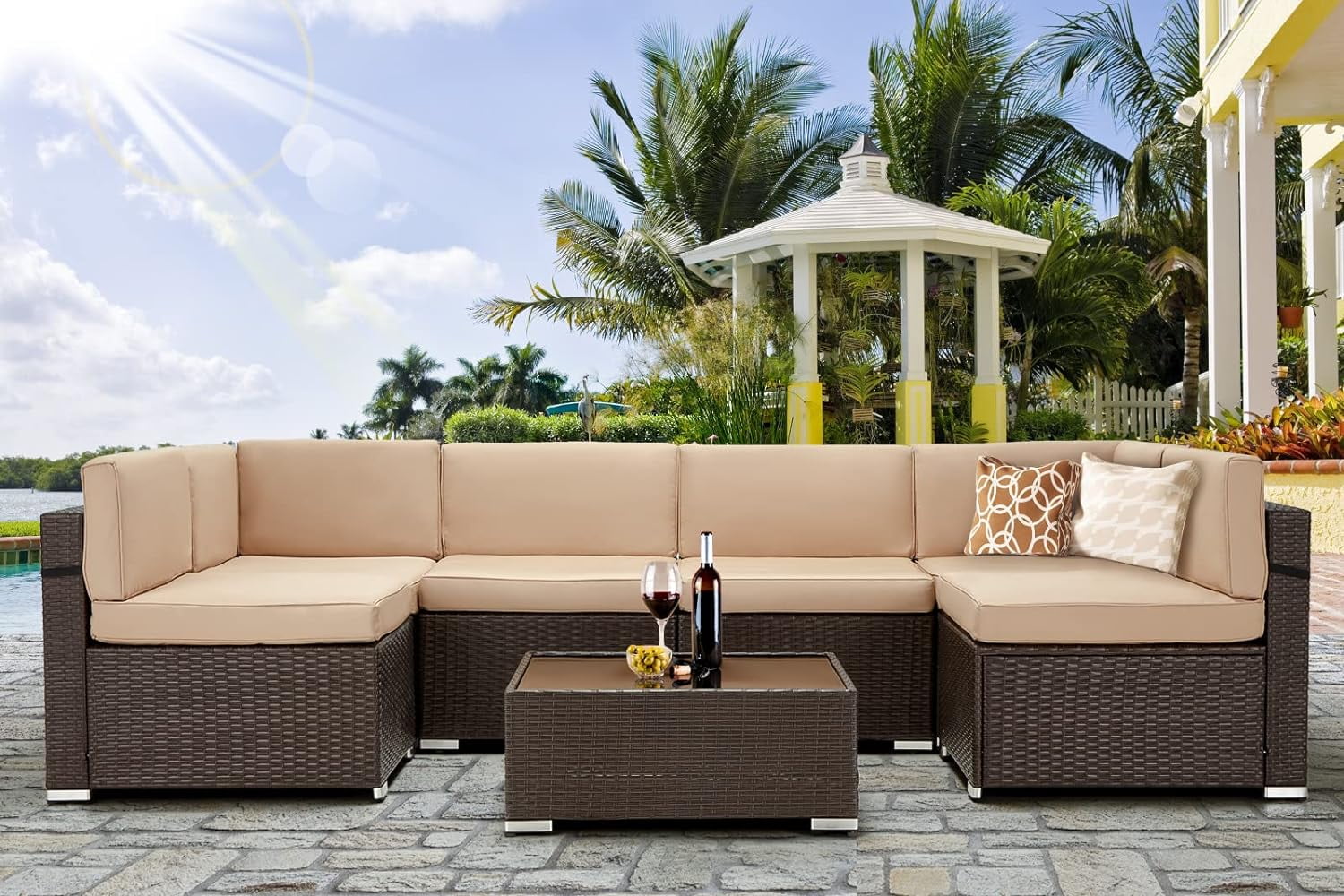 Danrelax 7-Piece Outdoor Sectional Sofa Patio Conversation Set, PE Rattan Wicker Furniture, Steel Frame, Beige Cushion/ Brown Rattan
