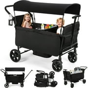 Vomeast Wagon Stroller for Kids, Spacious 2-Seater Stroller Wagon with Adjustable Canopy, Pull & Push Handle, 5-Point Harness, Foldable for Toddlers, Grey