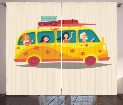 Camper Curtains 2 Panels Set Vintage Hippies In A Minivan With
