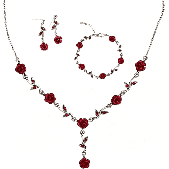 DESIGNICE 3pcs Red Rose Flower Pendant Y Necklace Dangle Earrings Bracelets Set for Women Bride Wedding Mother’s Day Gifts Aesthetic Jewelry