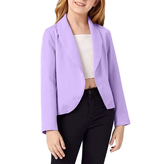 Mercatoo Girls Notched Lapel Blazer, Open Front Cropped Jacket with Curved Hem, Elegant Layer for Family Events and Everyday Wear