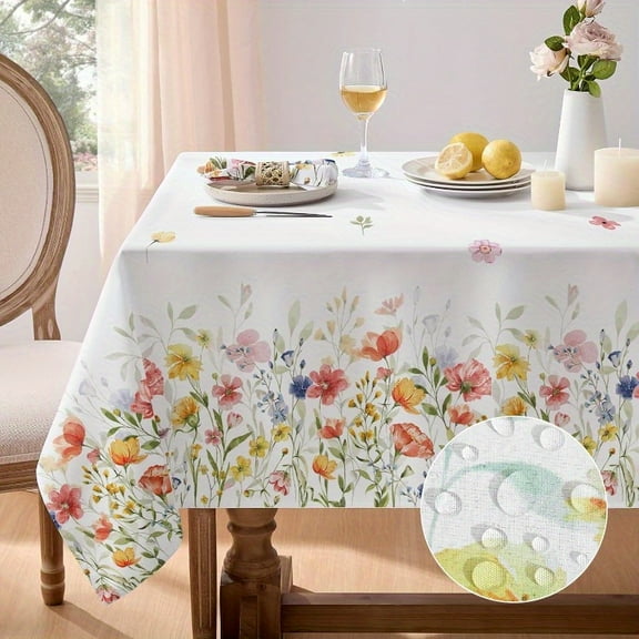 Spring Tablecloth Easter Waterproof Wildflower Tablecloth Stain-resistant Wrinkle-free Floral Tablecloth, Suitable for Dinners, Picnics, Outdoor 52 x 70inch