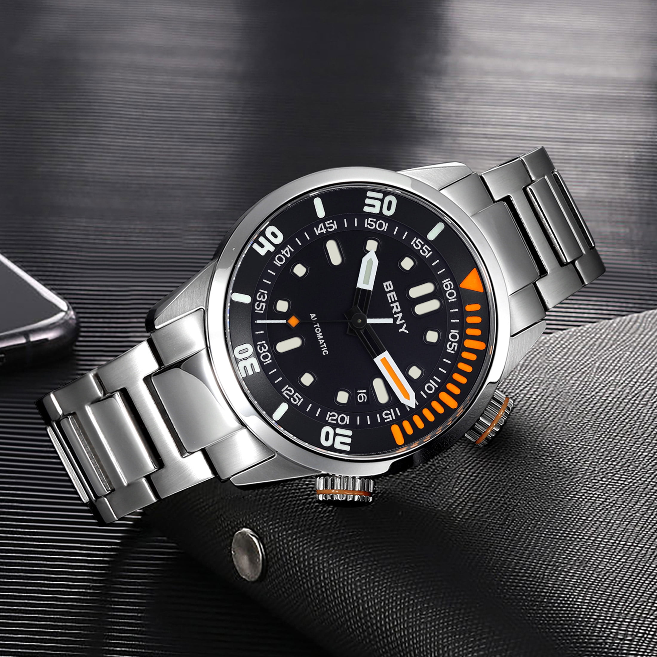 BERNY Automatic Dive Watches for Men, Sport 20ATM Waterproof Analog Mechanical Watch with Date, Super Luminous, Stainless Steel, Sapphire Crystal, Fashion Men's Pro Diver Watch (Black)