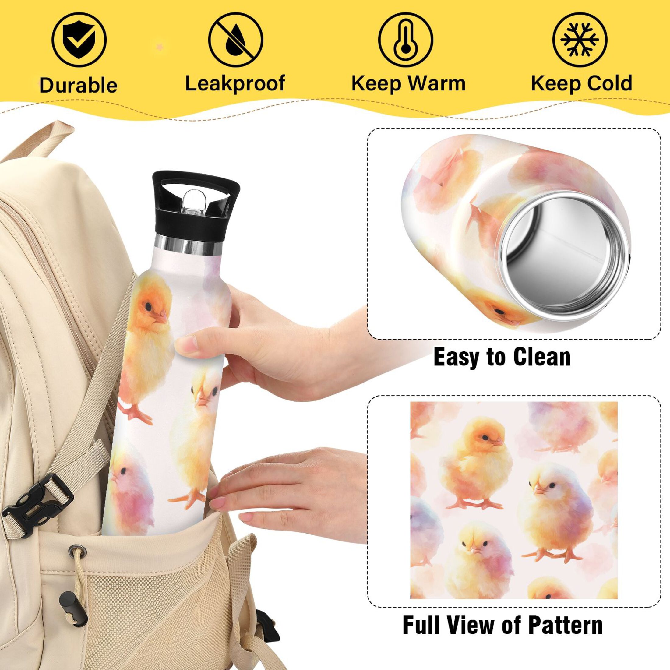 Kids Insulated Stainless Steel Sports Water Bottle 600ml (20oz) Cute Baby Chicks
