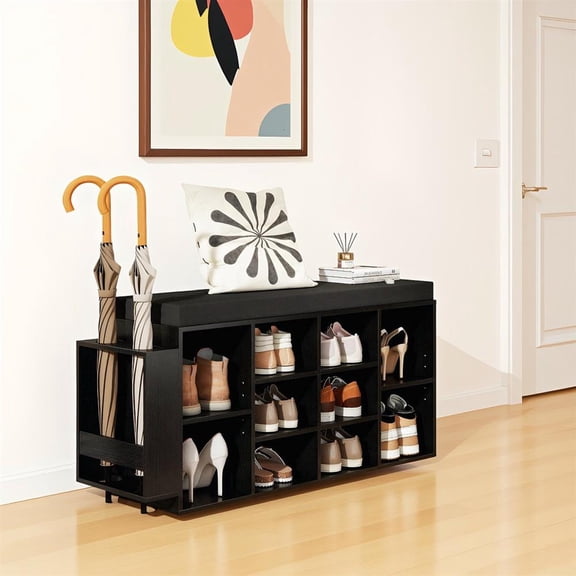 Topcobee Shoe Storage Bench with Umbrella Stand 10-Cubby Entryway Shoe Rack Organizer, Modern Furniture for Home Living Room-Black