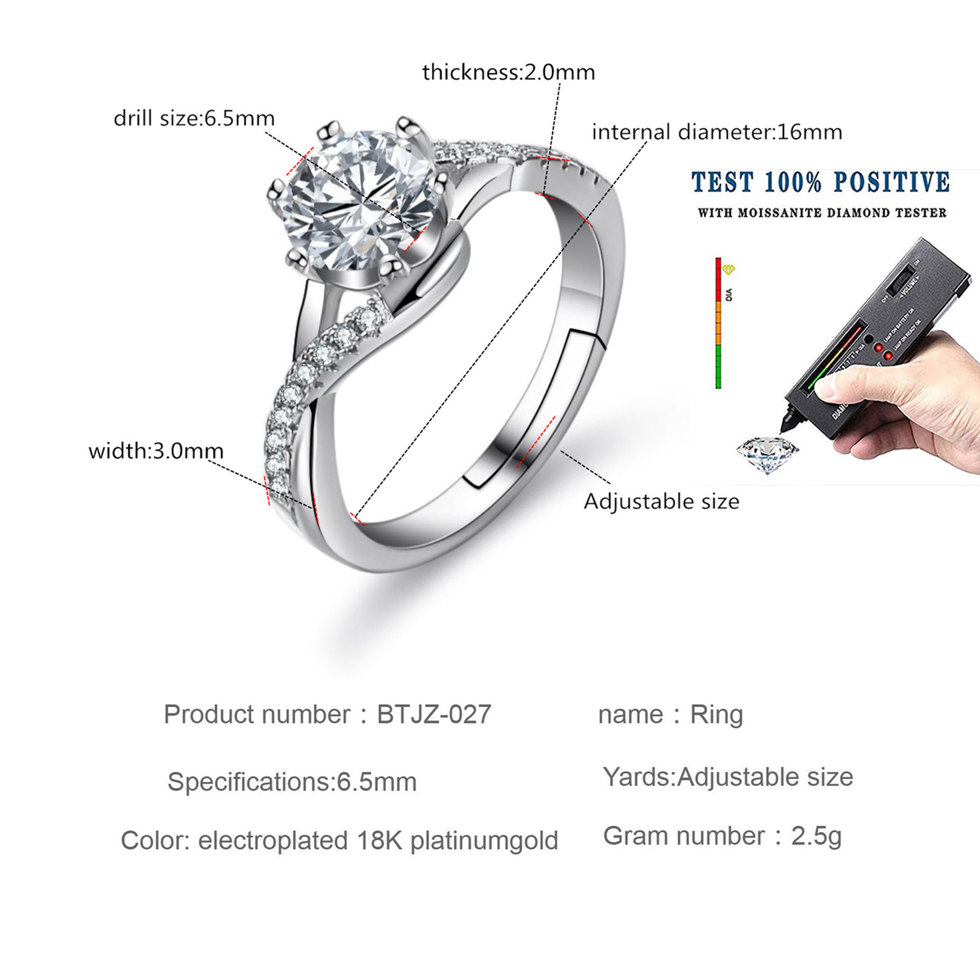 Center 1 carat 6.5mm Moissanite Engagement Rings Arc Winding White Gold Plated Silver Wedding Rings for Women with Adjustable Open