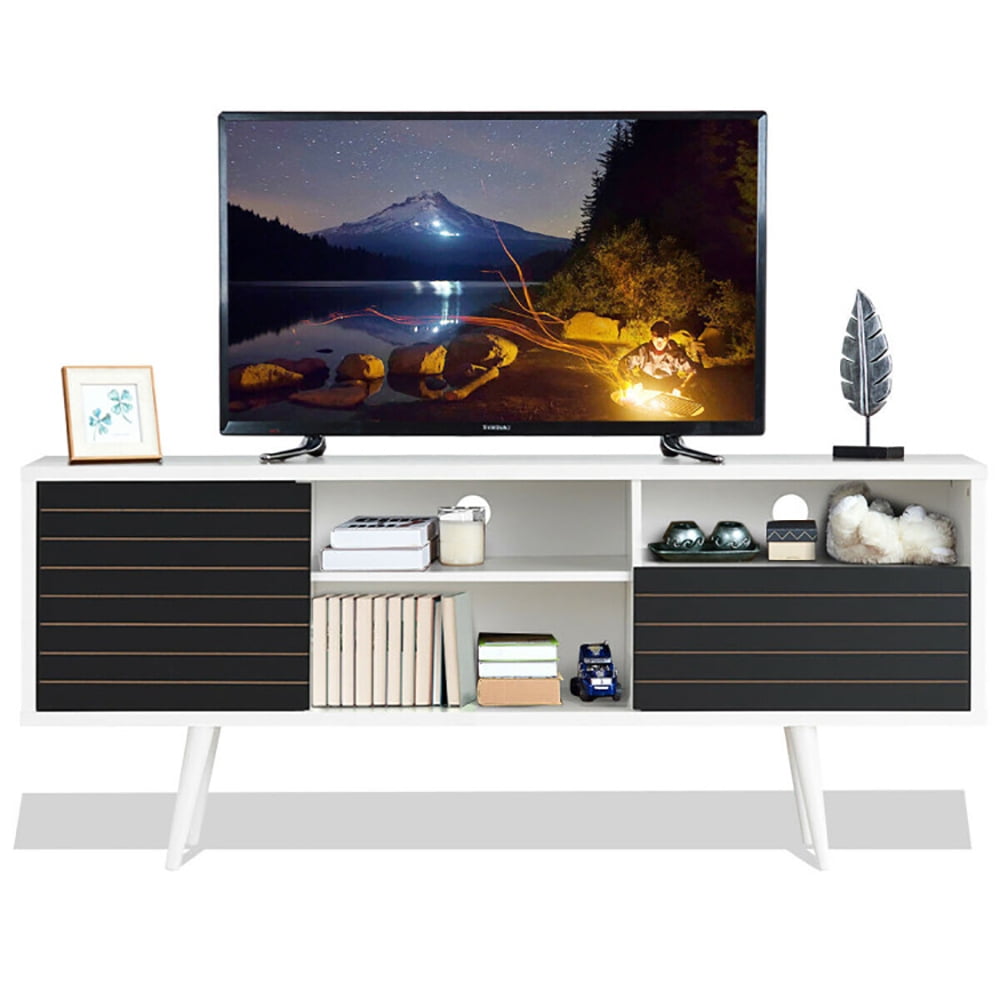 Finihen TV Stand, TV Cabinet, Mid-Century Modern TV Stand for TVs up to 65 Inch with Storage Shelves, Media Entertainment Center with Storage, for Living Room, Bedroom, Black & White