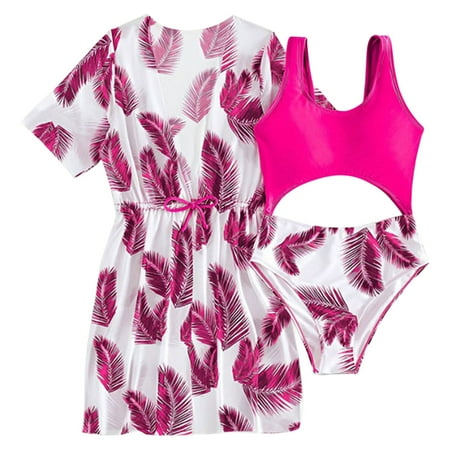 Coerni Toddler Girls Swimsuit 3pc Leaf Prints Bikini Vest Briefs Bathing Suit with Cover Up Kids Summer Beach Wear Sets