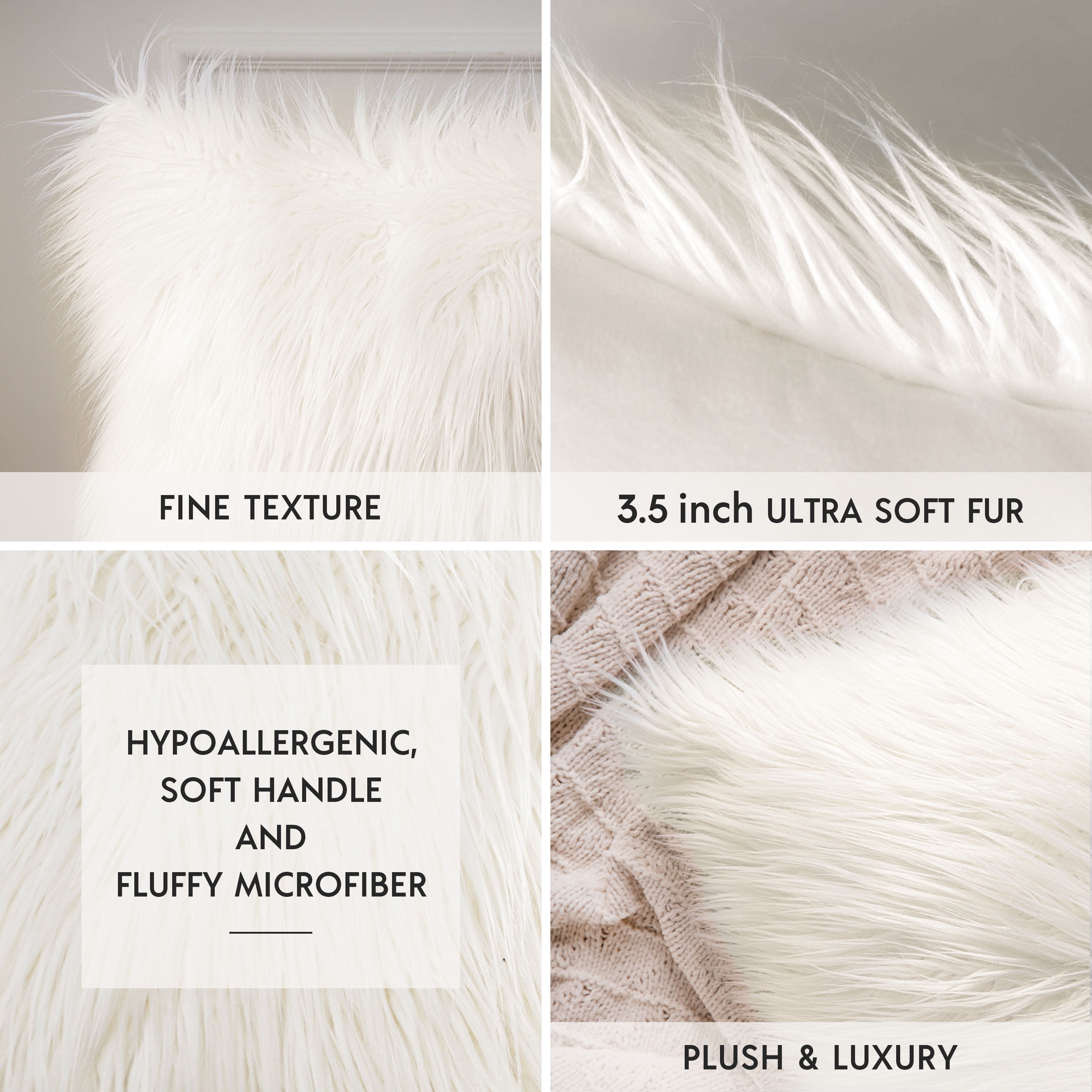 Luxury Mongolian Fluffy Faux Fur Series Square Decorative Throw Pillow Cusion for Couch, 18" x 18", Off White, 2 Pack