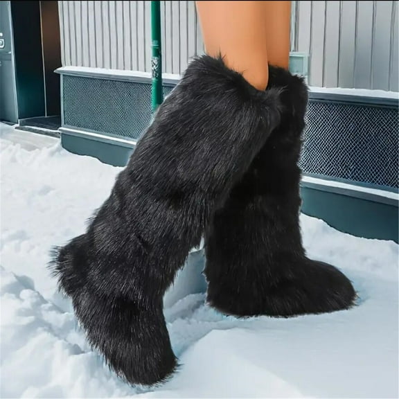 Women Winter Fluffy Faux Fur Knee High Snow Boots Y6K Outdoor Fashion Boots Luxurious Fashion Shoes