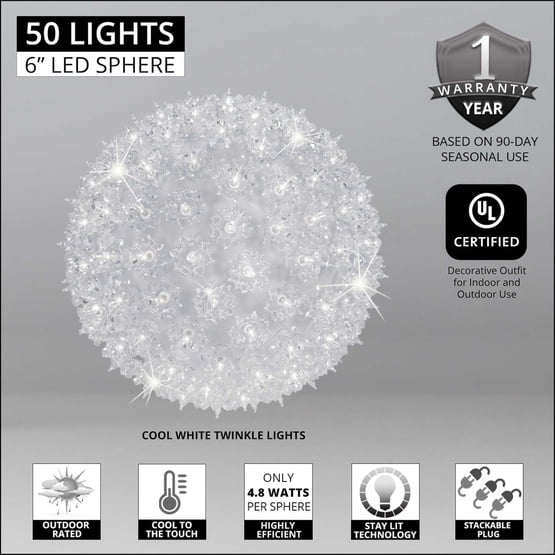 6" Cool White LED Starlight Sphere Outdoor Hanging Ball Lights Christmas Balls, Outdoor Party Lights with Twinkle Lights