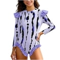 thumbnail image 2 of Cowsor 2-12 Years Girls One Piece Swimsuit Purple Stripe Print Long Flutter Sleeve Training Style Comfortable Modest Swimwear for Pool, 2 of 6