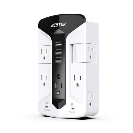 BESTEK 7-Outlet Wall Tap Surge Protector with Swivel Outlets, 3 USB, 900 J, Top Phone Holder