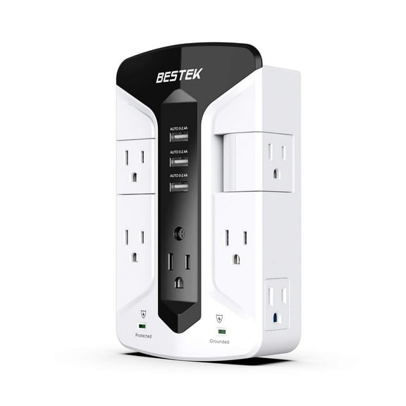 BESTEK 7-Outlet Wall Tap Surge Protector with Swivel Outlets, 3 USB, 900 J, Top Phone Holder