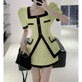 thumbnail image 1 of Small Fragrant   Square Collar Patchwork Puff Sleeve Top + High Waist Mini Skirt Two Piece Set for Women - Yellow / M, 1 of 7
