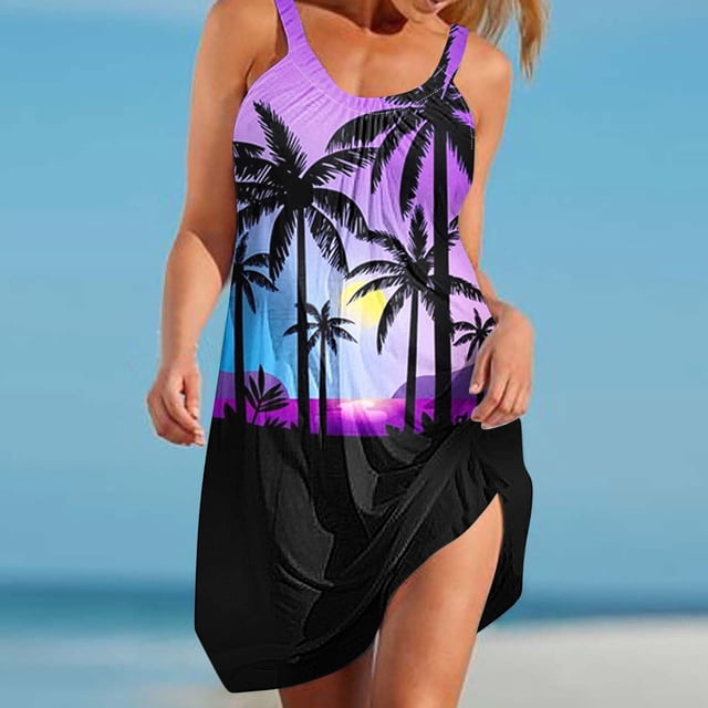 LOVZFMLL Robes d'Été Sans Manches à Imprimé pour Femmes, Robe de Plage Décontractée et Fluide