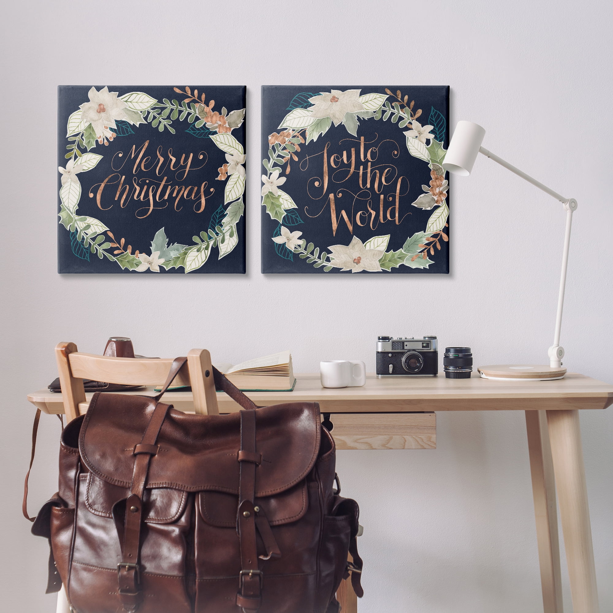 Stupell Industries Merry Christmas Joy Wreath Holiday Painting Gallery Wrapped Canvas Art Prints Wall Art, 24 x 24, Set of 2