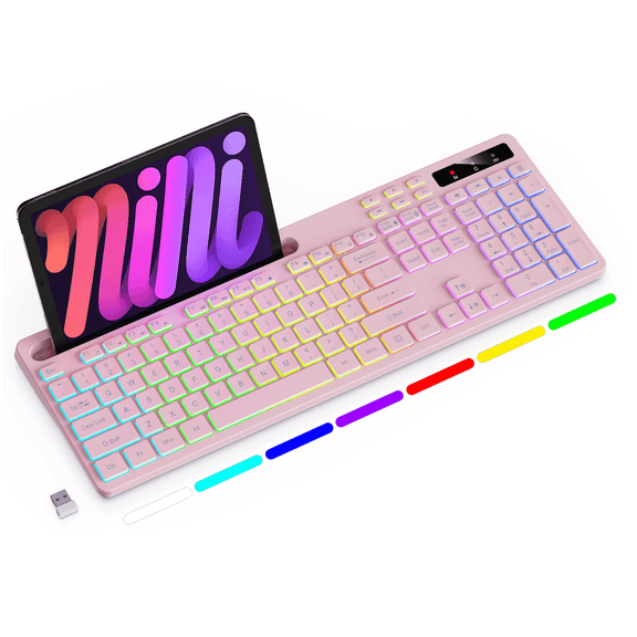 Wireless Keyboard with 7-Color RGB Backlit, Marvo Full-Size Computer Keyboard with Phone Tablet Holder, Rechargeable 2.4G Wireless Gaming Keyboard with Light Up Keys, Compatible with Mac,Window, Pink