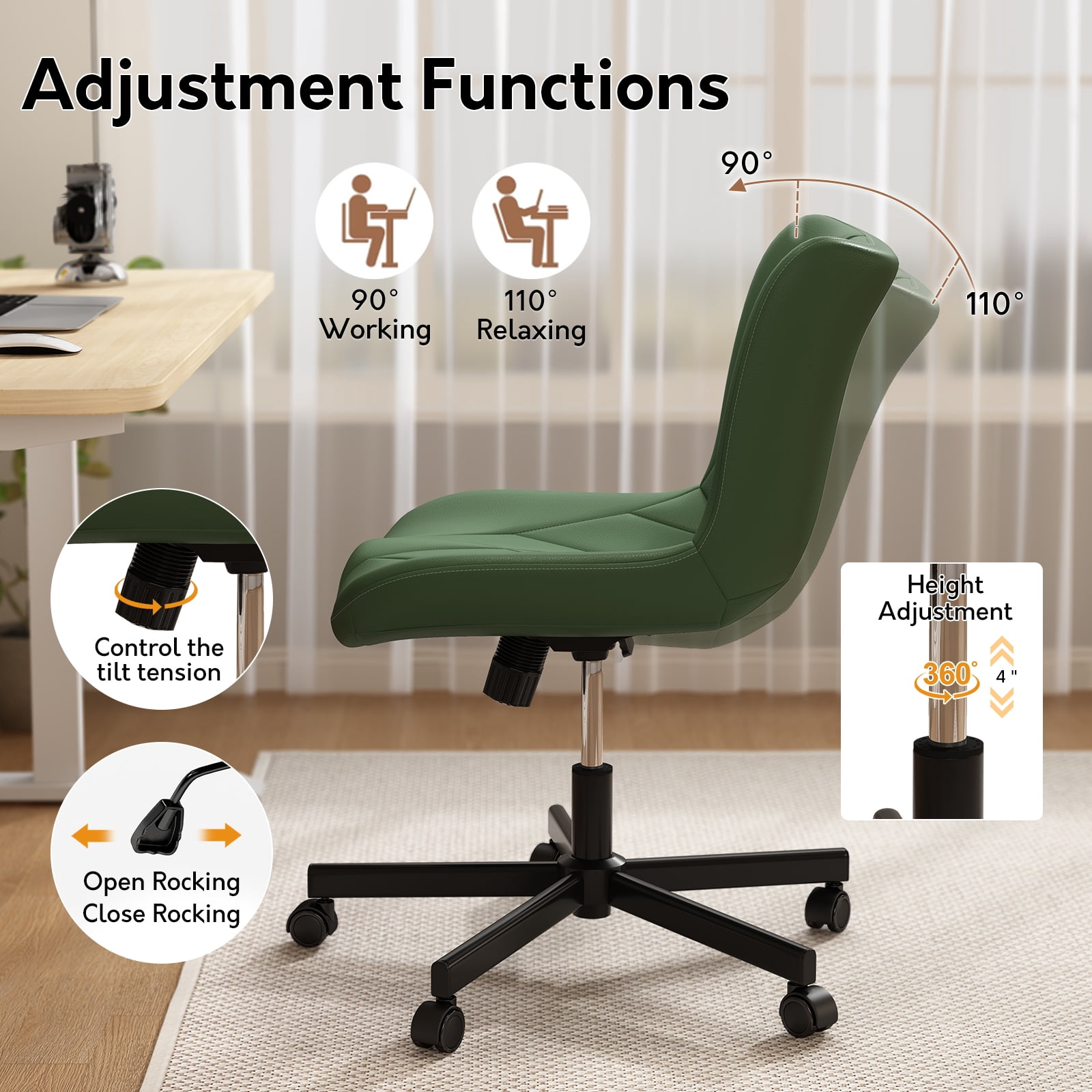 iooHug Armless Office Chair, PU Leather Small Computer Desk Chair with Wheels, Adjustable Swivel Vanity Chair with Memory Foam Cushion, No Arms Task Chair for Home Office, Bedroom, Green