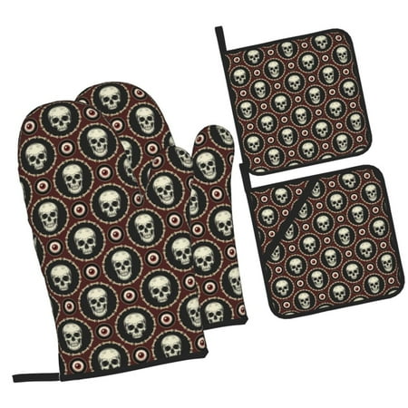 

Daiia Skulls And Red Eyeballs Pattern Oven Mitts and Pot Holders 4 pcs Set High Heat Resistant 500 Degree Extra Thicken Long Kitchen Cotton Oven Glove