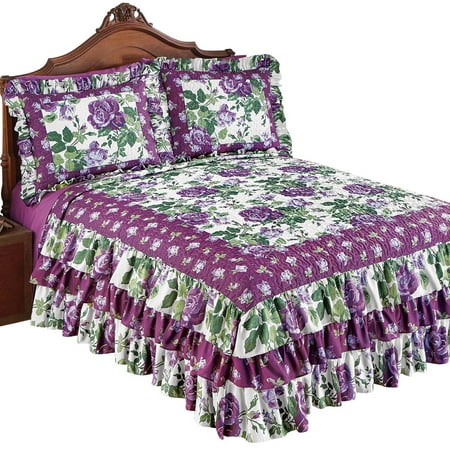 Roses Quilt Pattern - Roseland Ruffled Bedspread with Purple Roses and Fresh Green Floral Pattern