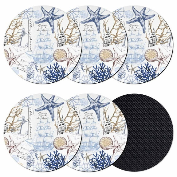 Blue Coastal Nautical Coasters for Drinks,Absorbent Non Slip Rubber Drink Coasters Set of 6 for Cup,Table,Bar,Home Decor, Shell Starfish Conch Coral White
