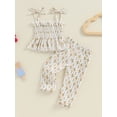 thumbnail image 5 of Yunliwuli Toddler Girls Cherry Print Set Lacing Ruffles Pleated Boat Neck Camisole Tops Elastic Waistband Long Pants 2-Piece Outfits, 5 of 10