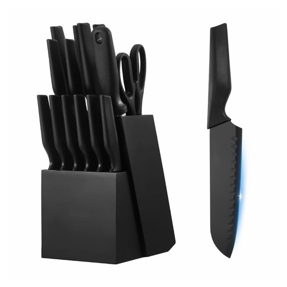 Kitchen Knife Set with Block, 15 Piece Stainless Steel Knife Set with Sharpener, German High Carbon Cutlery with Ergonomic Handle, Wooden Block, for Home Chefs