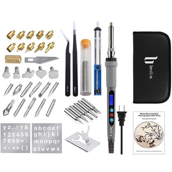 BESTZO Wood Burning Kit -LCD Wood Burning Tool Kit With Soldering Iron, Pyrography Tool Kit Wood Burning Pen With Embossing,Carving,Soldering Tip, Upgraded Model ,Manual & Carrying Case (Grey)