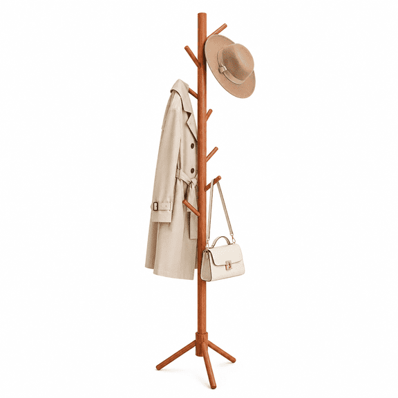 Space-Saving Coat Rack with 8 Hooks, Adjustable Height, Durable Coated Finish, Lightweight Pine Wood, Ideal for Bedroom, Hallway & Entryway