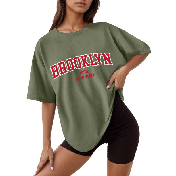 Camiseta holgada de manga corta y cuello redondo con estampado informal para mujer