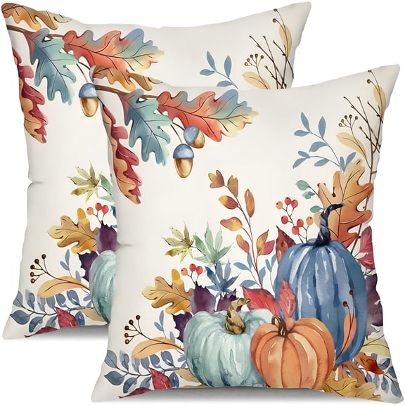 AUQ 2026 New Fall Pillow Covers 18X18 Inch Set of 2 Blue and Green Watercolor Pumpkin Fallen Leaves Decorative Throw Pillow Covers Autumn Thanksgiving Farmhouse Decoration for Home Couch 27