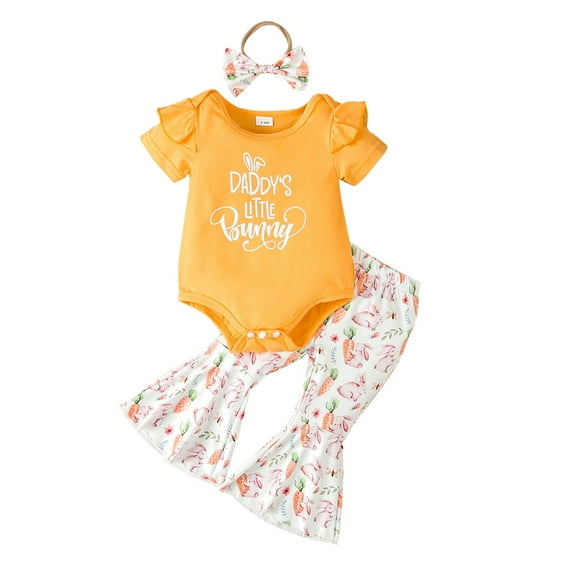 GYRATEDREAM Baby Girl Clothes Newborn Infant Outfits Short Sleeve Romper One Piece Top Bell Bottom Pants Cute Headband Sets for Girls, Size 0-3 Months