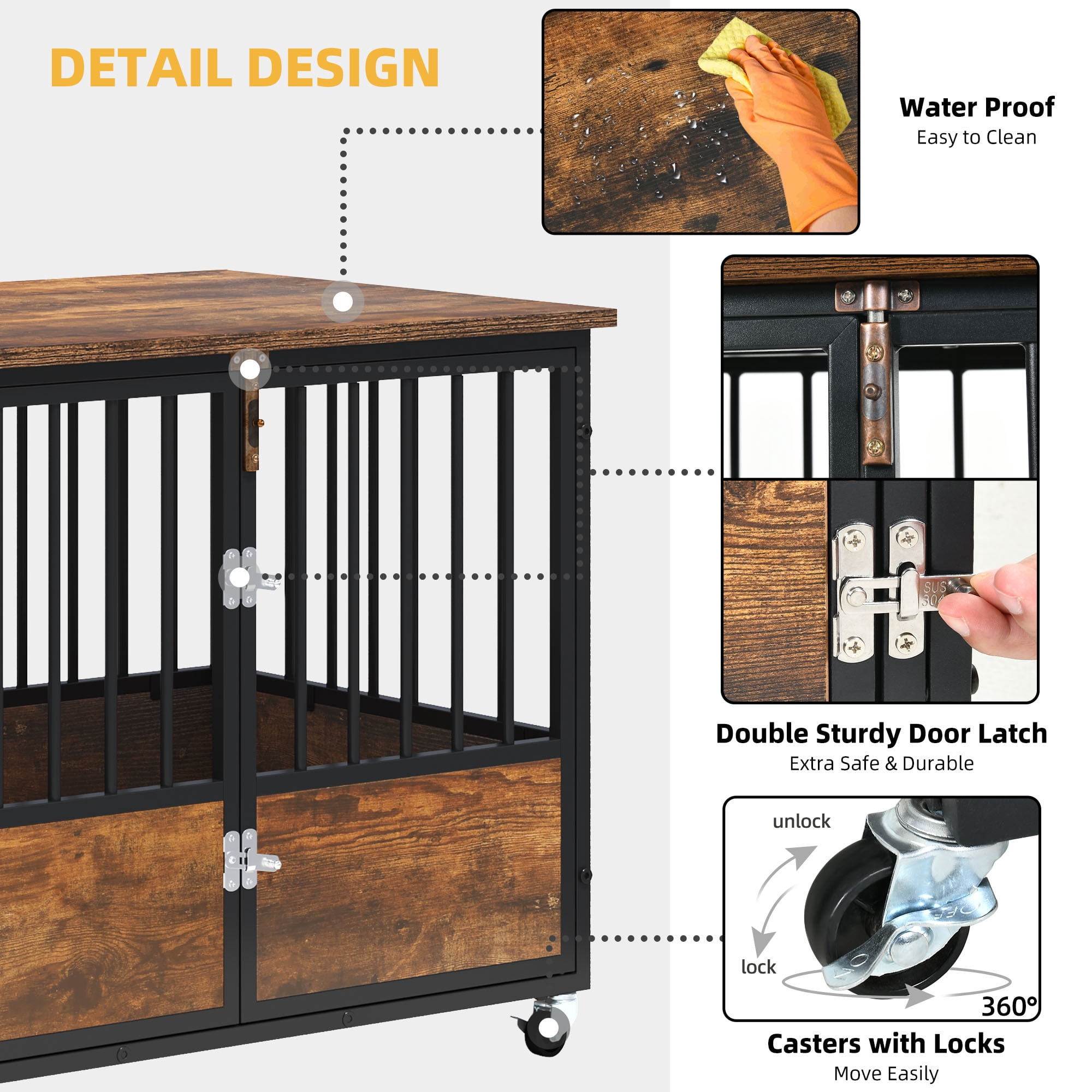 Uforic 38" Dog Crate Furniture with Double-Doors, Wooden Indoor Dog Kennel,Dog Cage for Indoor, Rustic Brown