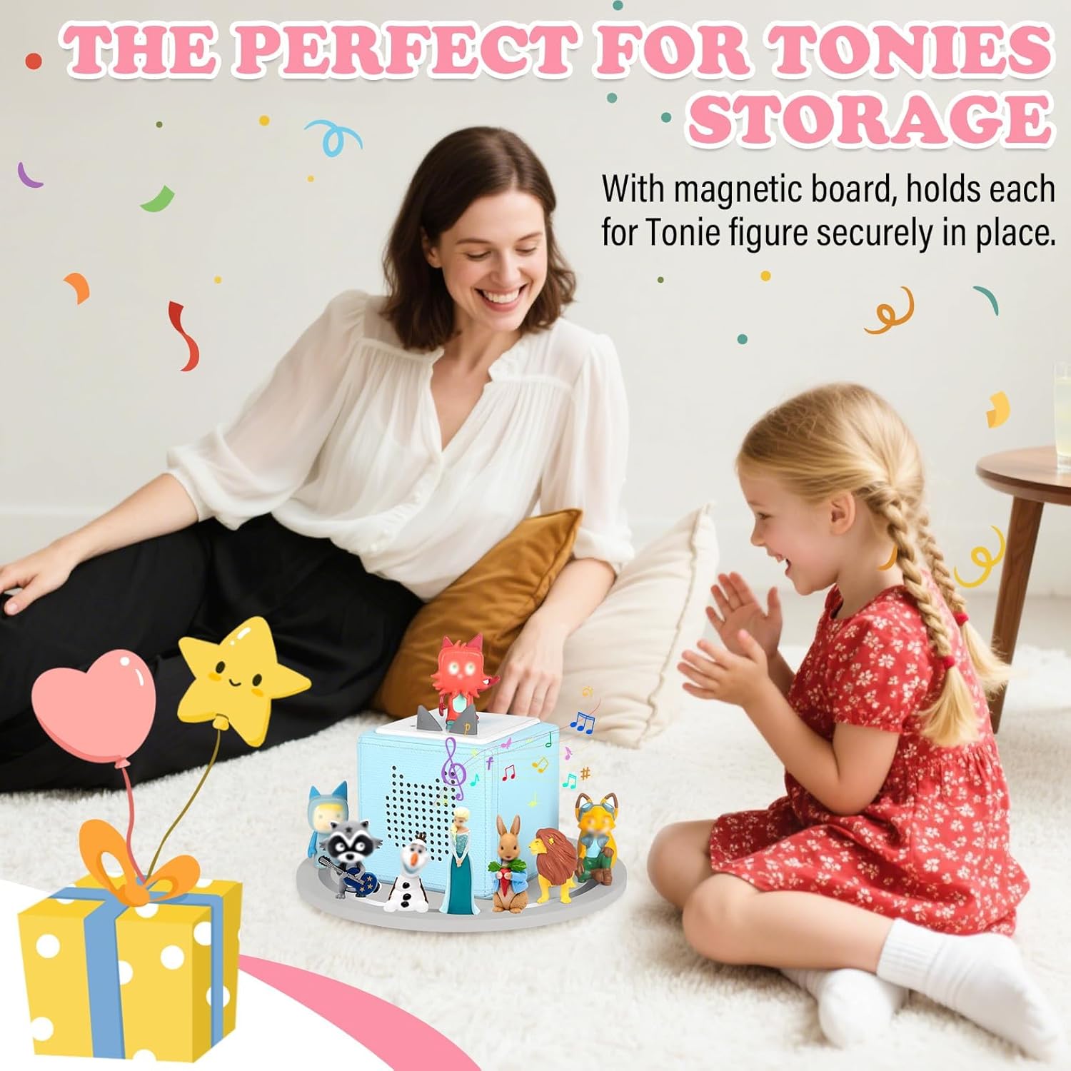 360° Round Turntable for Tonies Box Organizer Storage Shelf Wall Mounted, Magnetic Floating Shelves for Toniebox Generation 1 & 2 Player Tonies Figures, Display Collection 10~20 Characters (Gray)