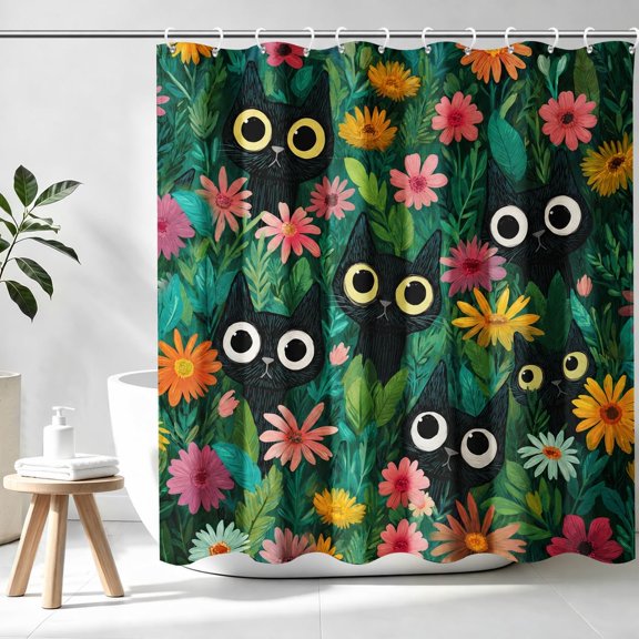 Black Cat Shower Curtain Cute Floral Waterproof Fabric Bath Curtain with Hooks for Bathroom 71x71 inches