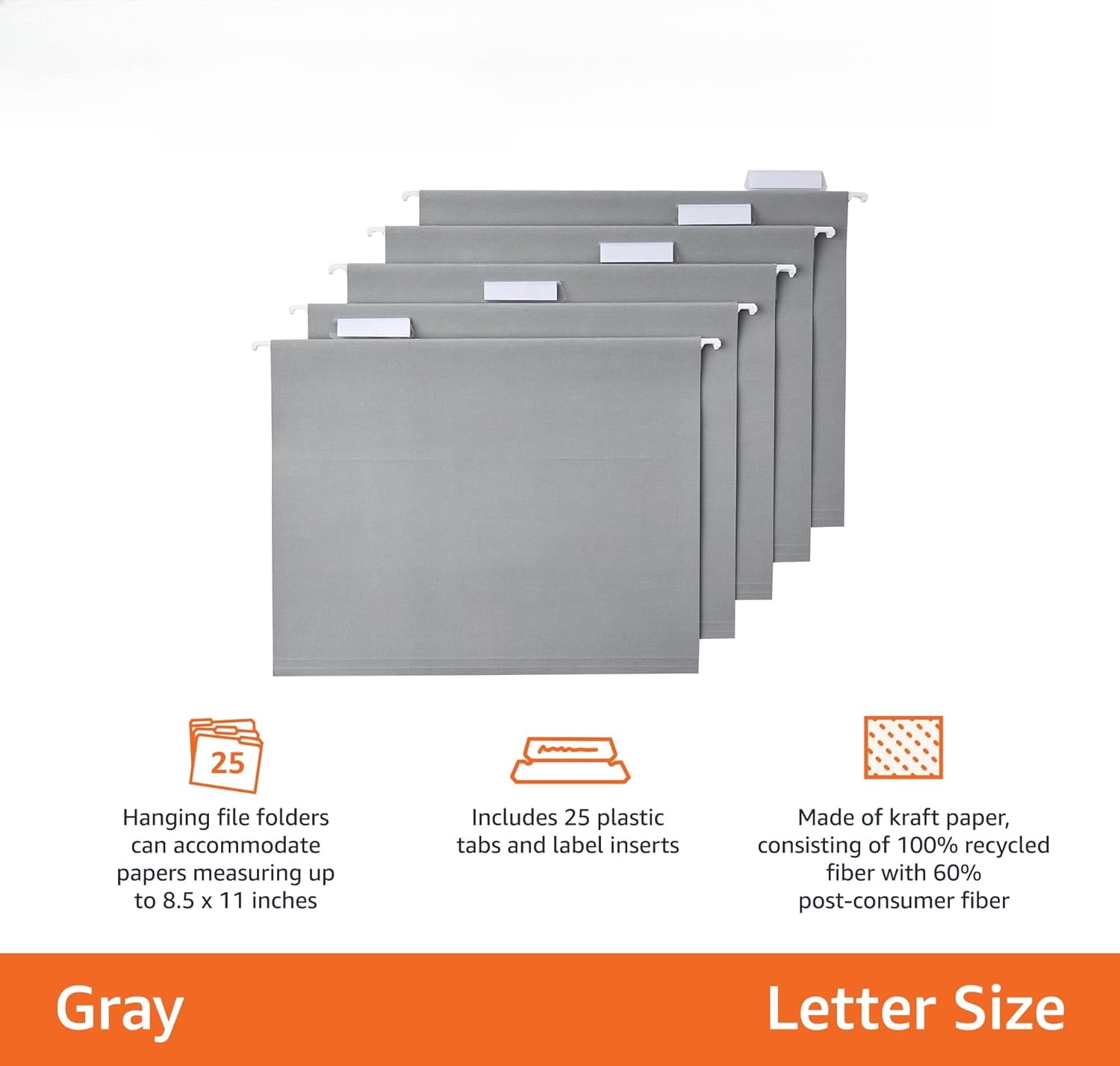Hanging File Folders with Adjustable Tabs for Document Organization, Letter Size, Gray, 25-Pack