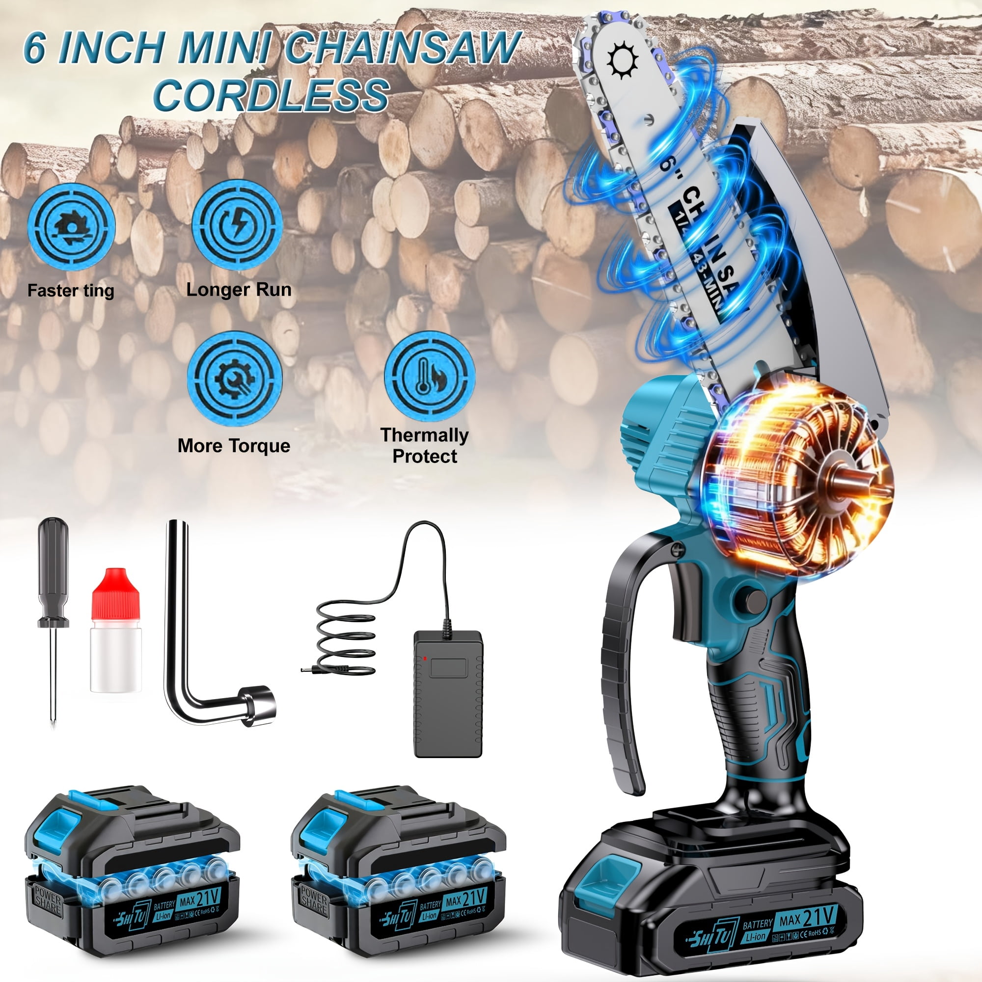 Cordless Mini Chainsaw with Automatic Oiler, 6 Inch Lithium Electric Handheld Saw with Safety Lock, Portable Chainsaw for Garden Pruning & Woodworking