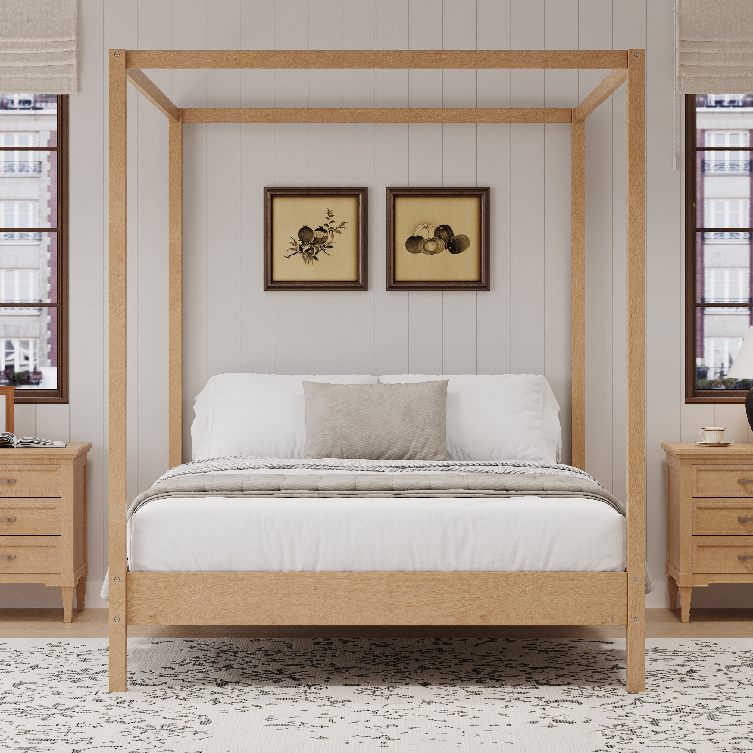 Euroco Queen Size Canopy Bed, Wood Platform Bed with Four Poster, Natural
