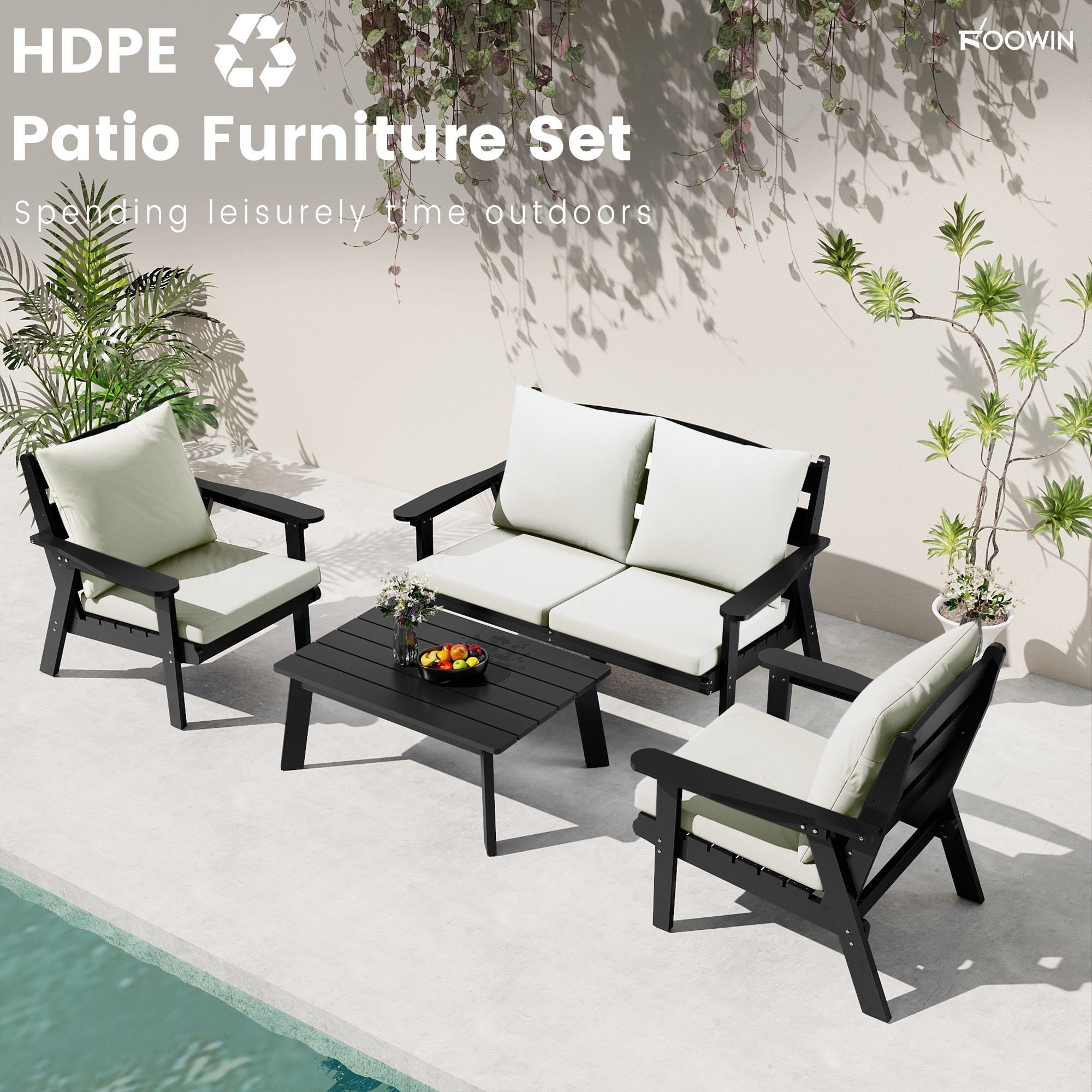 FOOWIN 4-Piece Patio Furniture Set, HDPE Outdoor Conversation Set with 4 Seating & Cushions, Perfect Patio Sofa Set for Garden, Porch, Backyard, Black Frame with Beige Cushion