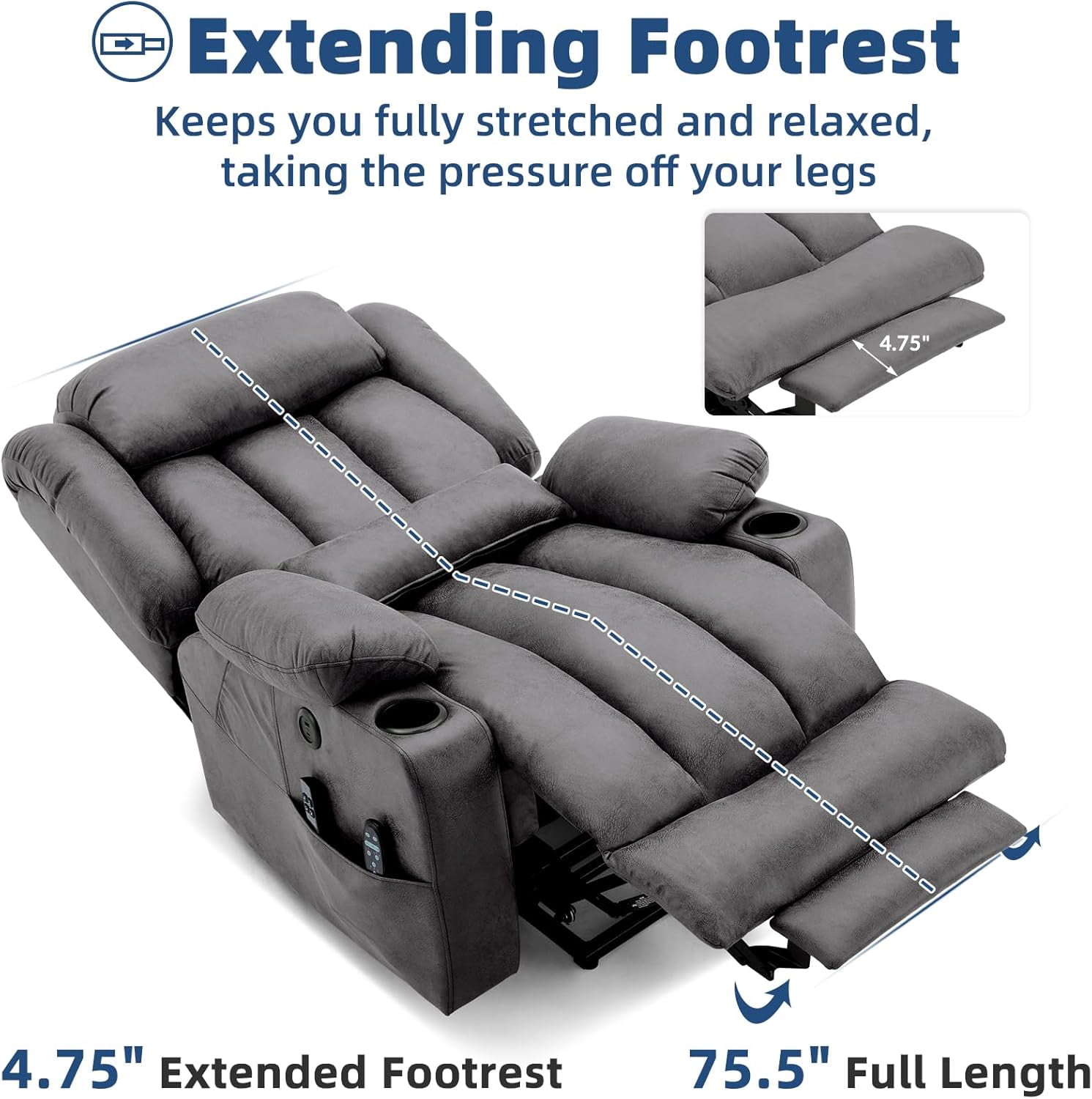 Large Dual Motor Lay Flat Power Lift Recliner Chair with Extended Footrest, Heat Massage, Oversized Electric Recliner for Big Tall Elderly, Lumbar Pillow, USB & Type-C Ports, Gray