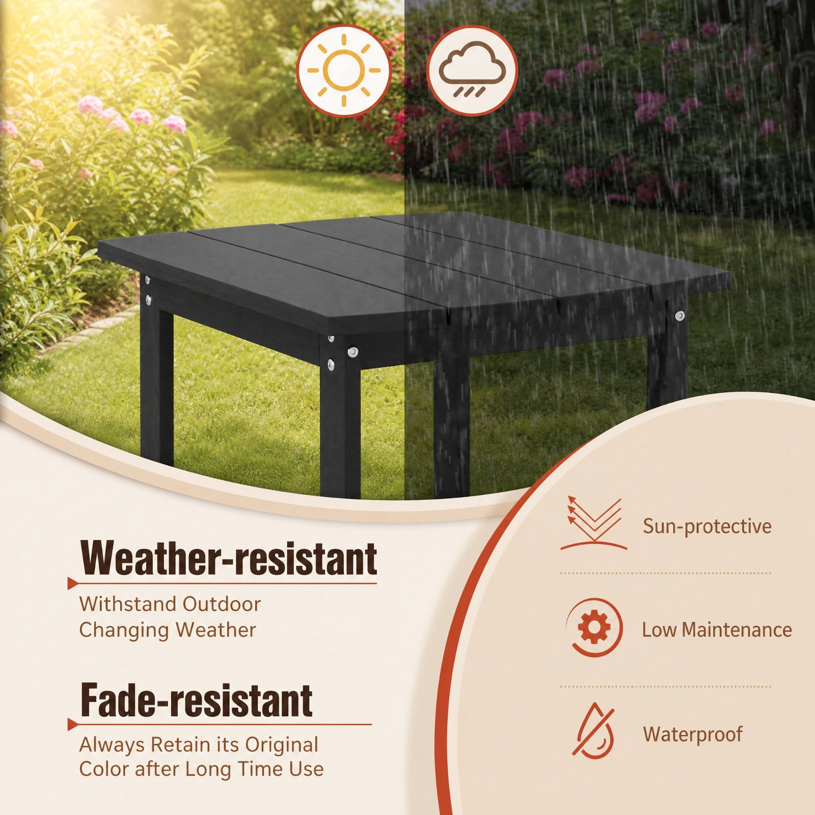 Biotree 18 Inch Weather Resistant Side Table Outdoor, HDPE Patio End Table with Large Top and 200 lbs Capacity for Garden Yard Adirondack Chair, Black